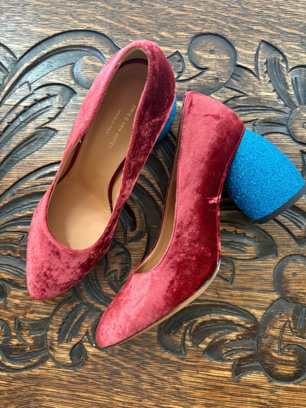 Dries Van Noten Burgundy Velvet & Blue Glitter Pump